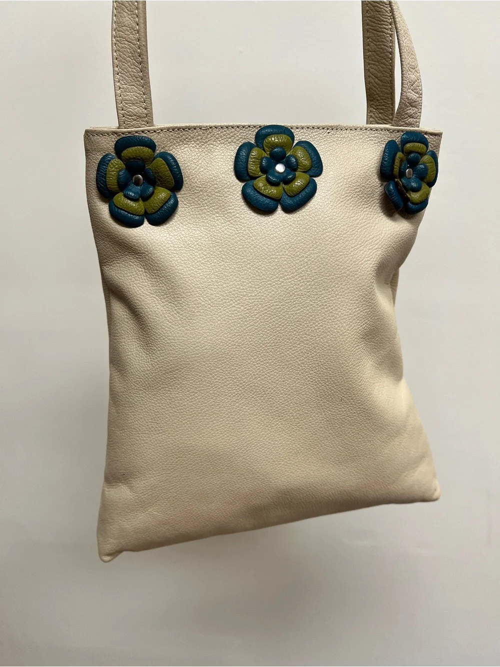 Beige Leather Tote with leather Blue Floral Appliqué